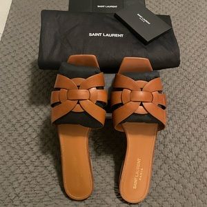 Saint Laurent Tribute Slide Sandals in Amber Brown 39
